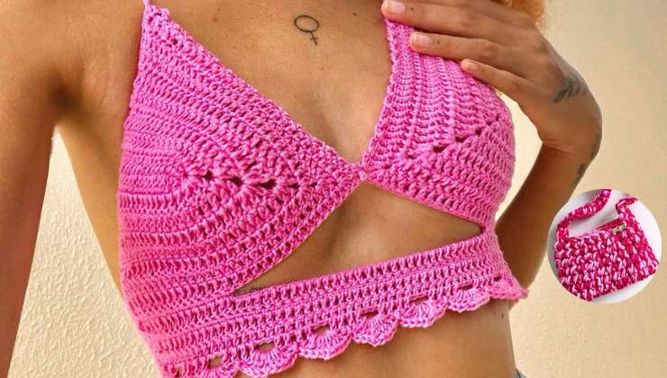 mujer luciendo top crochet rosa